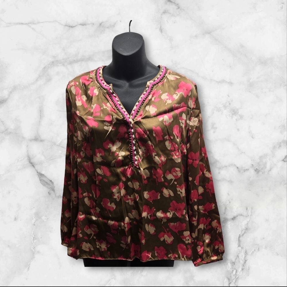 BODEN Women's Beaded Placket Evening‎ Top Brown/Pink/Beige 8